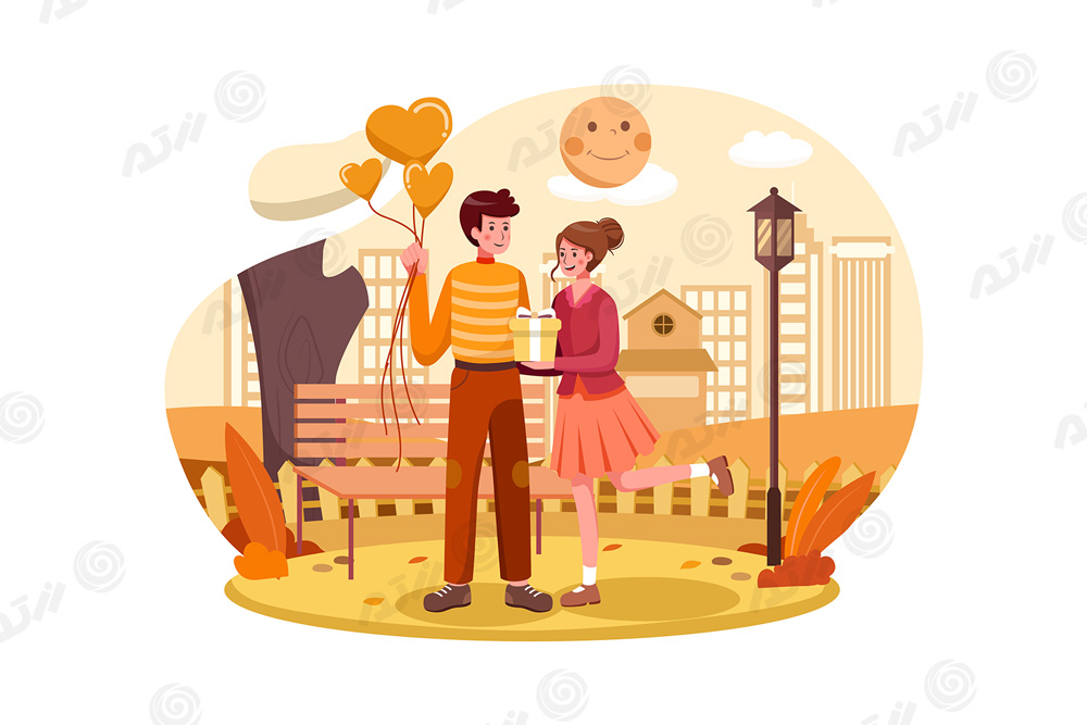 وکتور EPS لایه باز رایگان طرح گرافیکی و کارتونی مناسب روز ولنتاین شامل زوجی در حال کادو دادن و قدم زدن در پارک